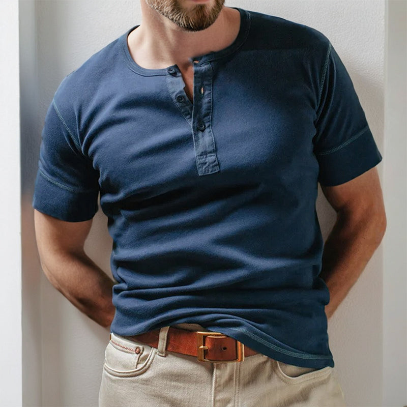 Casual Blue Cotton Knit Short Sleeve Casual Henley Collar Shirt